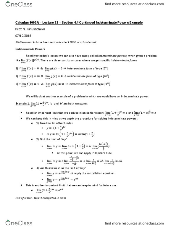 Calculus 1000A/B Lecture 32: Calculus 1000 A -Lecture 32- Section 4.4 Continued Indeterminate Power Example cover image
