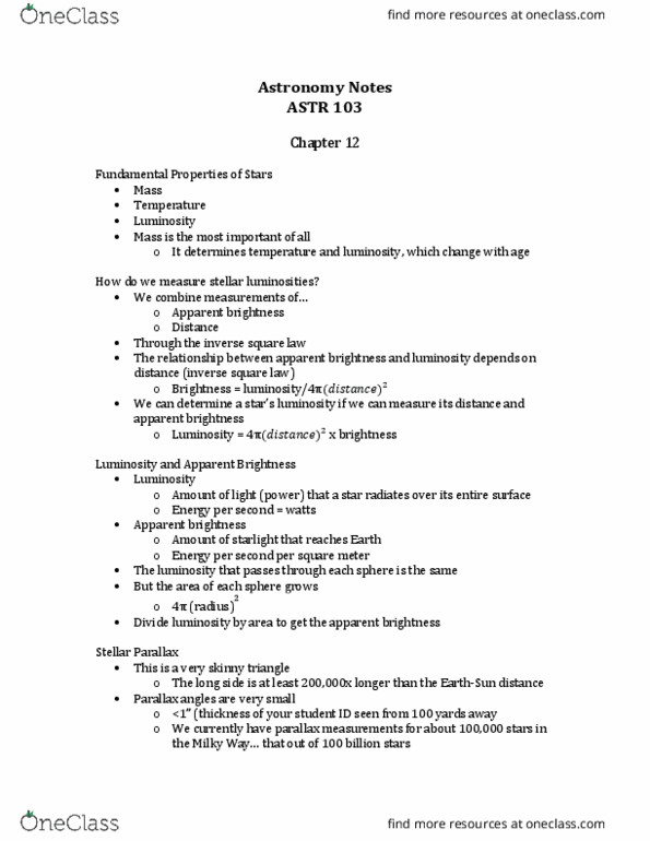 ASTR 103 Lecture 8: Astronomy: Intro to Stars and Exoplanets Chapter 12 Lecture Notes thumbnail