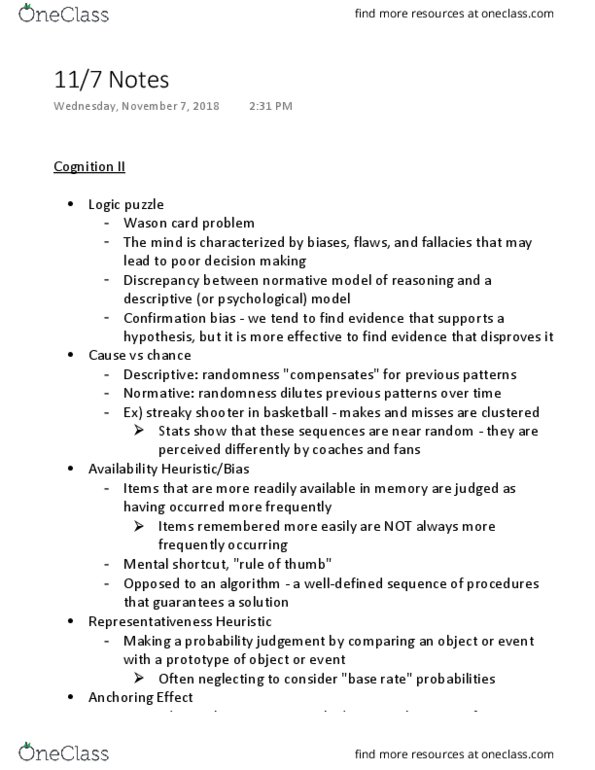 PSYC 1100 Lecture Notes - Lecture 19: Logic Puzzle, Confirmation Bias, Organ Donation thumbnail