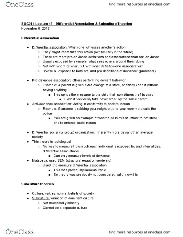 SOC 271 Lecture 12: - Differential Association & Subculture Theories thumbnail