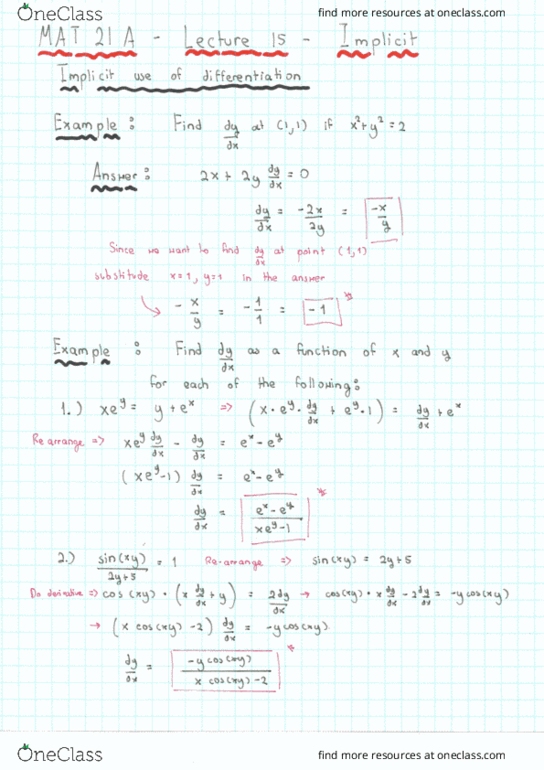 MAT 21A Lecture 15: Implicit cover image