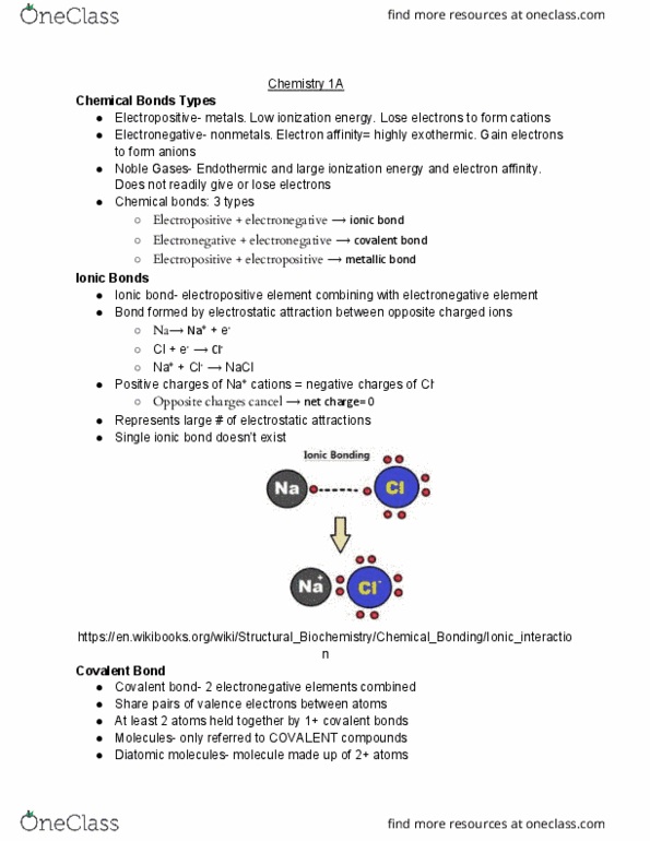 CHEM 1A Lecture Notes - Lecture 18: Ionic Bonding, Electron Affinity, Covalent Bond cover image