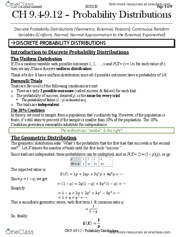 ECO220Y5 Chapter 9.4 to 9.12: Chapter 9.4 to 9.12 (Probability Distributions) - ECO220 (2018-2019) thumbnail