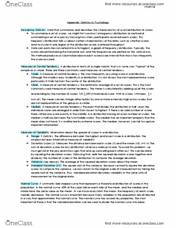 Psychology 1000 Chapter Notes - Chapter Appendix: Standard Deviation, Frequency Distribution, Central Tendency thumbnail