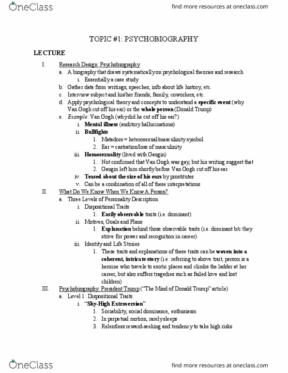 PSC 162 Lecture Notes - Lecture 9: Psychobiography, Paul Gauguin, Extraversion And Introversion thumbnail