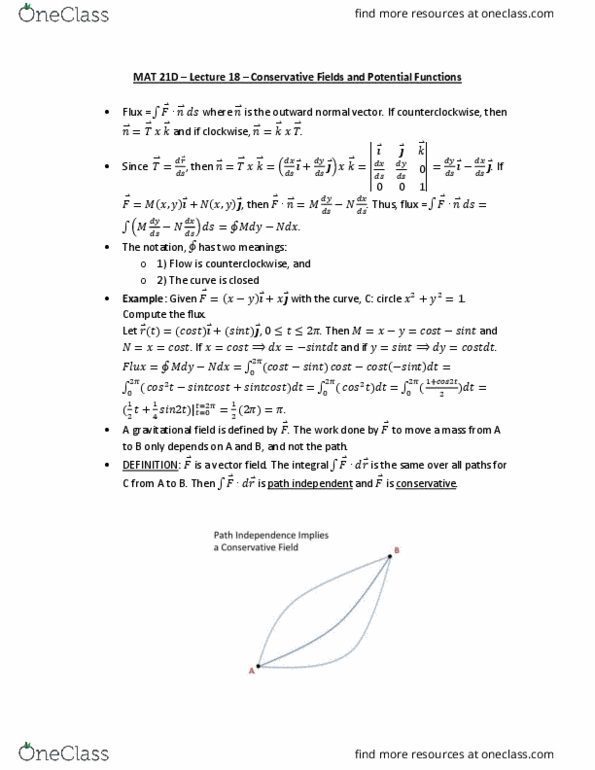 MAT 21D Lecture Notes - Lecture 18: Conservative Vector Field, Partial Derivative cover image