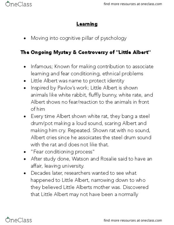 PSY100H1 Lecture Notes - Lecture 10: Little Albert Experiment, Fear Conditioning, Operant Conditioning thumbnail