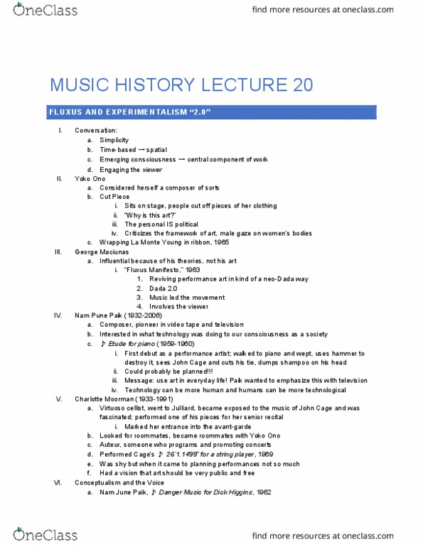 MUSIC 408A Lecture Notes - Lecture 20: Nam June Paik, La Monte Young, Charlotte Moorman thumbnail