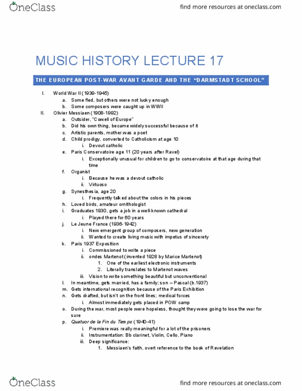 MUSIC 408A Lecture Notes - Lecture 17: Ondes Martenot, Olivier Messiaen, Darmstadt School thumbnail