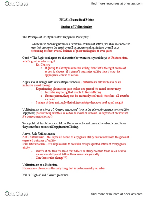 CAS PH 251 Lecture Notes - Lecture 3: Act Utilitarianism, Consequentialism, Practical Ethics thumbnail