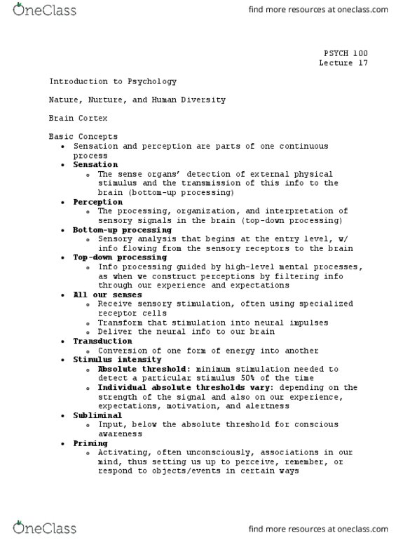 PSYCH 100 Lecture Notes - Lecture 17: Absolute Threshold, Sensory Analysis, Subliminal Stimuli thumbnail