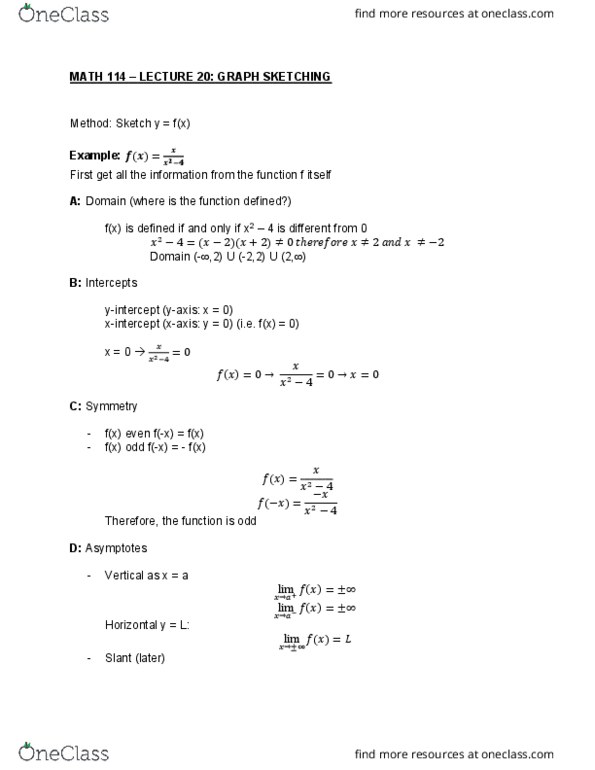 MATH114 Lecture Notes - Lecture 20: Asymptote, Minimax, Maxima And Minima cover image