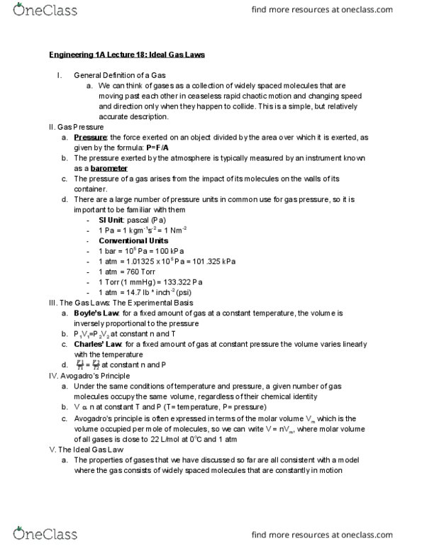 ENGR 1A Lecture Notes - Lecture 18: Ideal Gas Law, Molar Volume, Gas Constant cover image