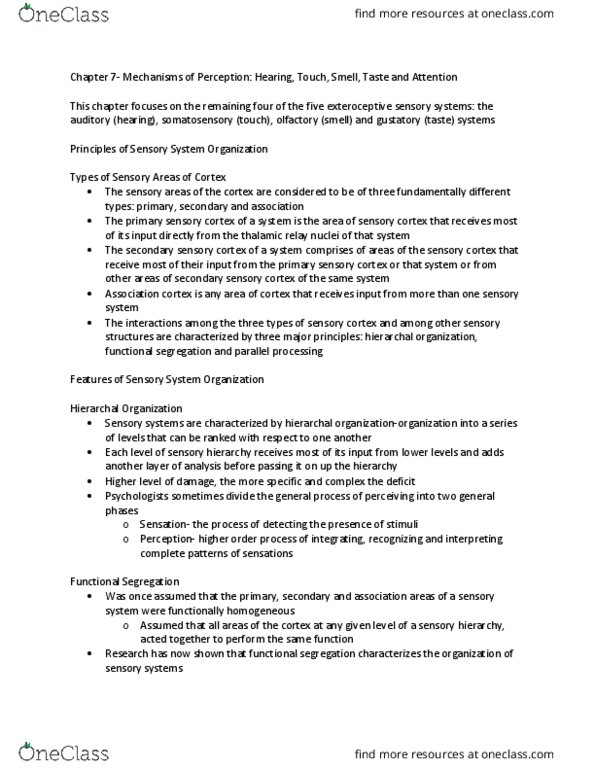 PSYC 271 Chapter Notes - Chapter 7: Secondary Somatosensory Cortex, Postcentral Gyrus, Primary Olfactory Cortex thumbnail