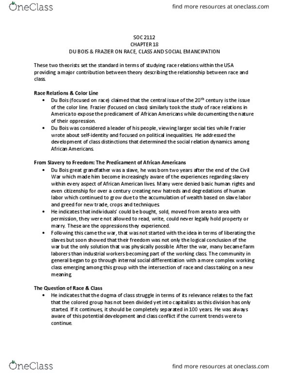 SOC 2112 Chapter Notes - Chapter 18: African American Lives, Class Conflict, Social Relation thumbnail