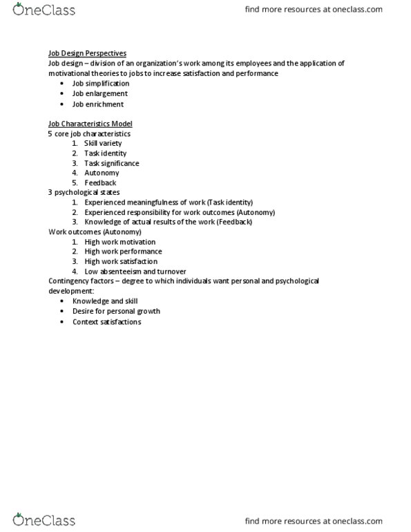 MGT 380 Lecture Notes - Lecture 12: Job Enrichment, Job Design, Absenteeism thumbnail