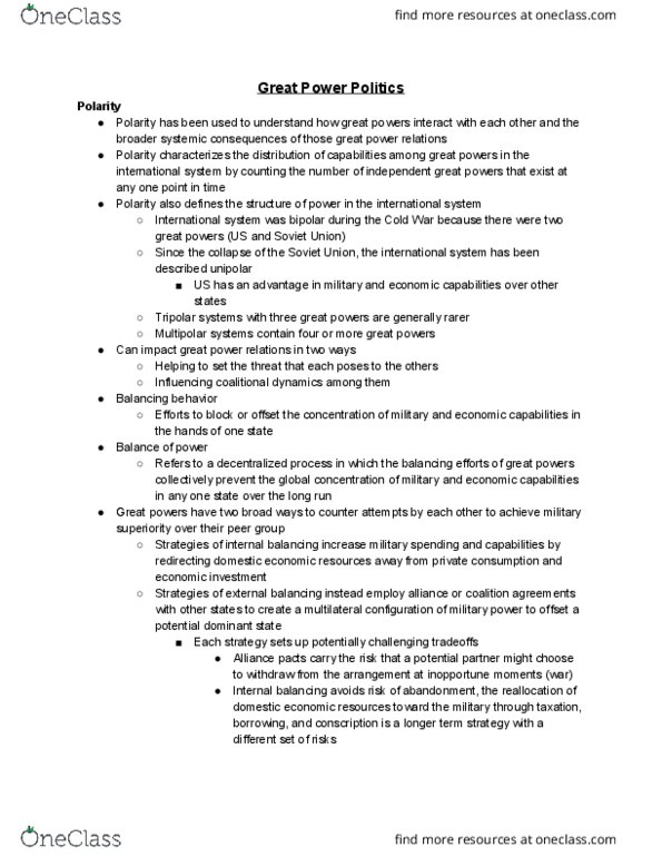 GOV 312L Lecture Notes - Lecture 18: Great Power, Power Transition Theory thumbnail