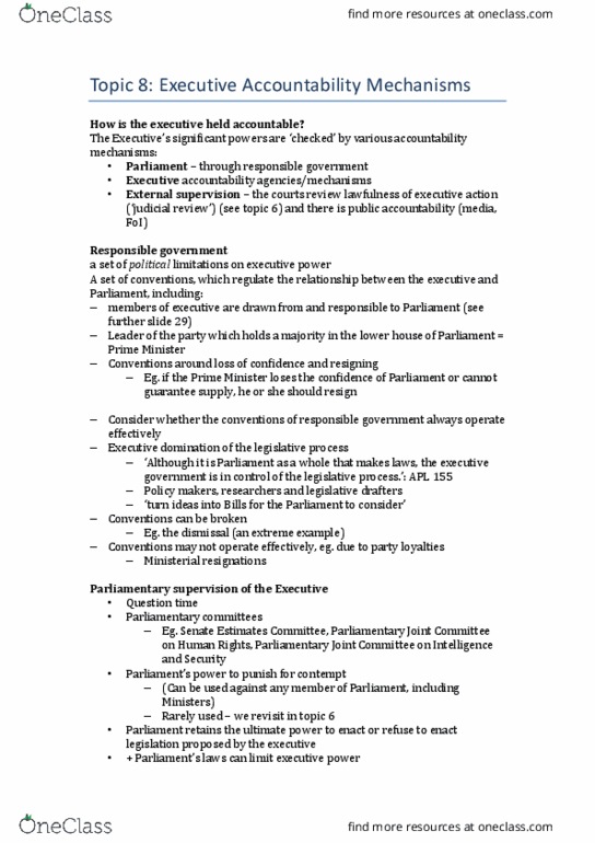 LAW1112 Lecture Notes - Lecture 8: Question Time, Responsible Government, Administrative Appeals Tribunal thumbnail