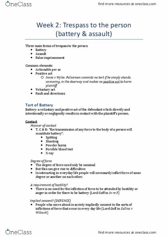 LAW1113 Lecture Notes - Lecture 2: Implied Consent, False Imprisonment, Blood Test thumbnail