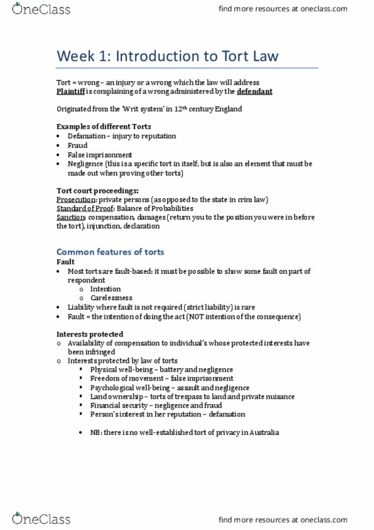 LAW1113 Lecture Notes - Lecture 1: False Imprisonment, Defensive Medicine, Tort thumbnail