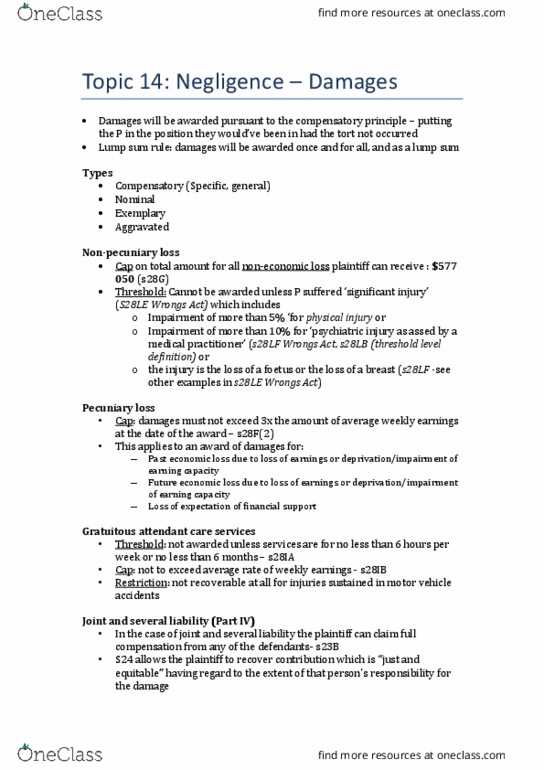 LAW1113 Lecture Notes - Lecture 15: Average Weekly Earnings, Lump Sum, Wrongful Death Claim thumbnail