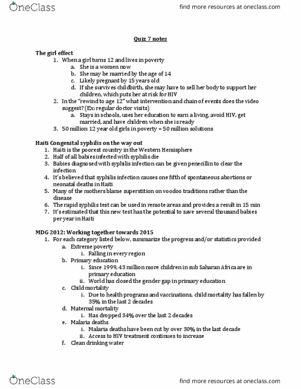 HSC 4624 Lecture Notes - Lecture 7: Congenital Syphilis, Maternal Death, Child Mortality thumbnail