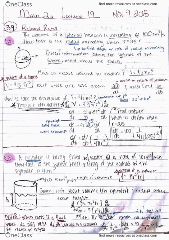 MATH 2A Lecture 19: 44080-Math 2A Lecture 19 Notes-Related Rates cover image