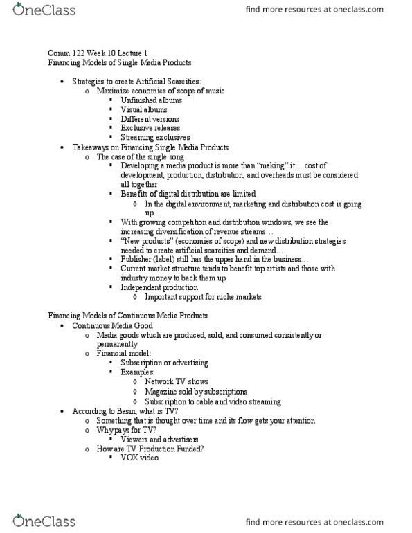 COMM 122 Lecture Notes - Lecture 19: Freemium, Entertainment Tonight, Crowdfunding thumbnail