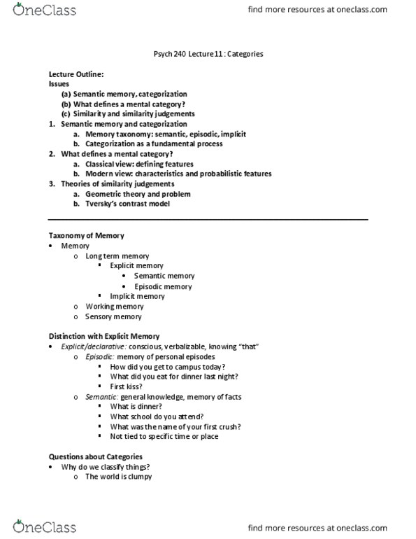 PSYCH 240 Lecture Notes - Lecture 11: Semantic Memory, Episodic Memory, Implicit Memory thumbnail