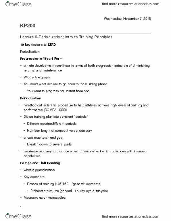 KP200 Lecture Notes - Lecture 6: Macrocycle, Diminishing Returns, Overtraining thumbnail