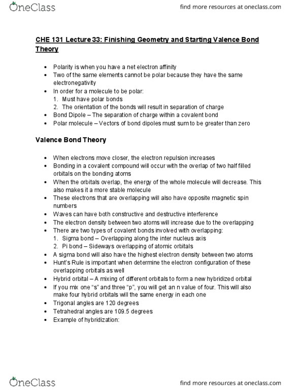 CHE 131 Lecture Notes - Lecture 33: Valence Bond Theory, Sigma Bond, Covalent Bond thumbnail