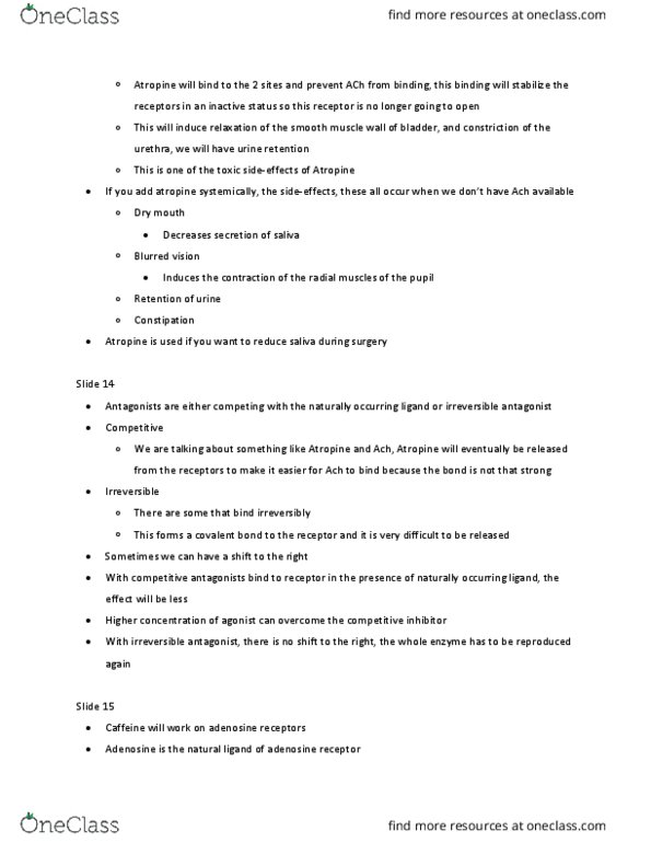 BIO200H5 Lecture Notes - Lecture 5: Irreversible Antagonist, Adenosine Receptor, Urinary Retention thumbnail