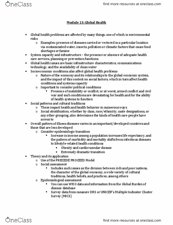 HSC 4211 Lecture Notes - Lecture 13: Multiple Indicator Cluster Surveys, Global Health, Cardiovascular Disease thumbnail
