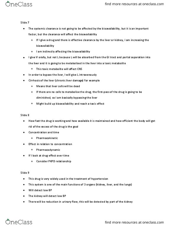 BIO200H5 Lecture Notes - Lecture 9: Bioavailability, Pharmacodynamics, Cirrhosis thumbnail