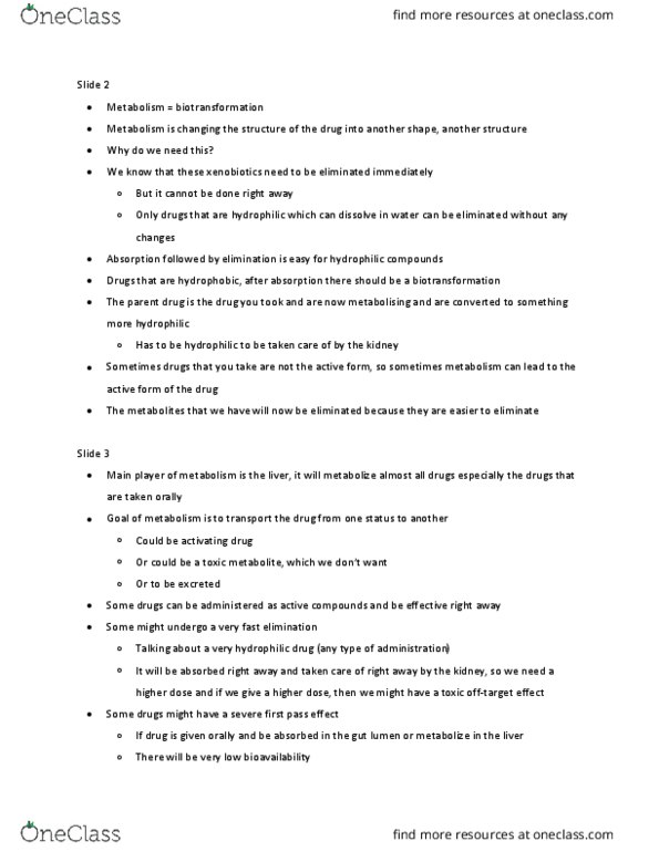 BIO200H5 Lecture Notes - Lecture 10: Biotransformation, Hydrophile, Bioavailability thumbnail