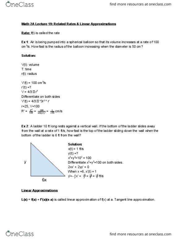 MATH 2A Lecture 19: Math 2A Lecture 19: Related Rates and Linear Approximations thumbnail