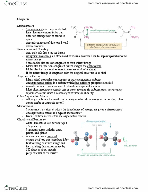 CHE 201LLR Lecture Notes - Lecture 6: Asymmetric Carbon, Stereocenter, Alkene thumbnail