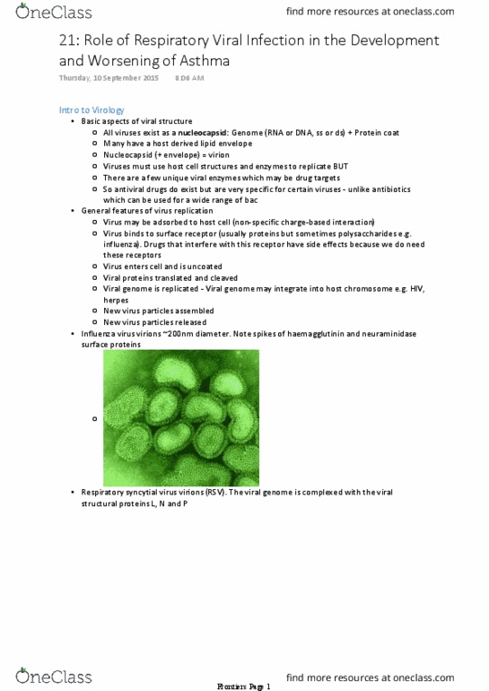 BIOM30001 Lecture Notes - Lecture 21: Orthomyxoviridae, Asthma, Lysis thumbnail