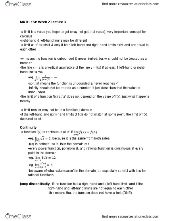 MATH 154 Lecture Notes - Lecture 5: Asymptote, Classification Of Discontinuities thumbnail