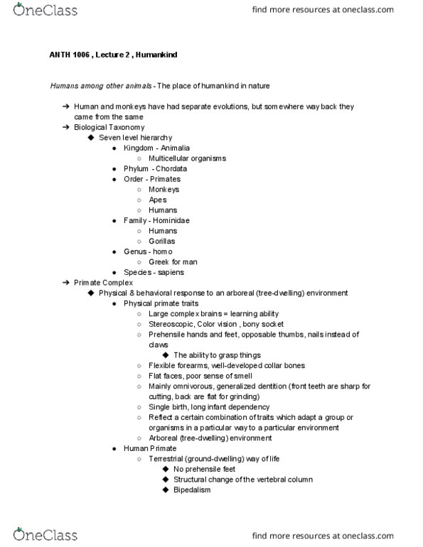 ANTH 1006 Lecture Notes - Lecture 2: Thumb, Hominidae, Chordate thumbnail