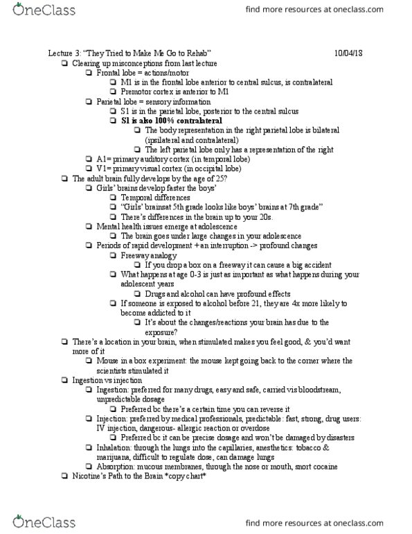 COGS 11 Lecture Notes - Lecture 3: Parietal Lobe, Auditory Cortex, Frontal Lobe thumbnail