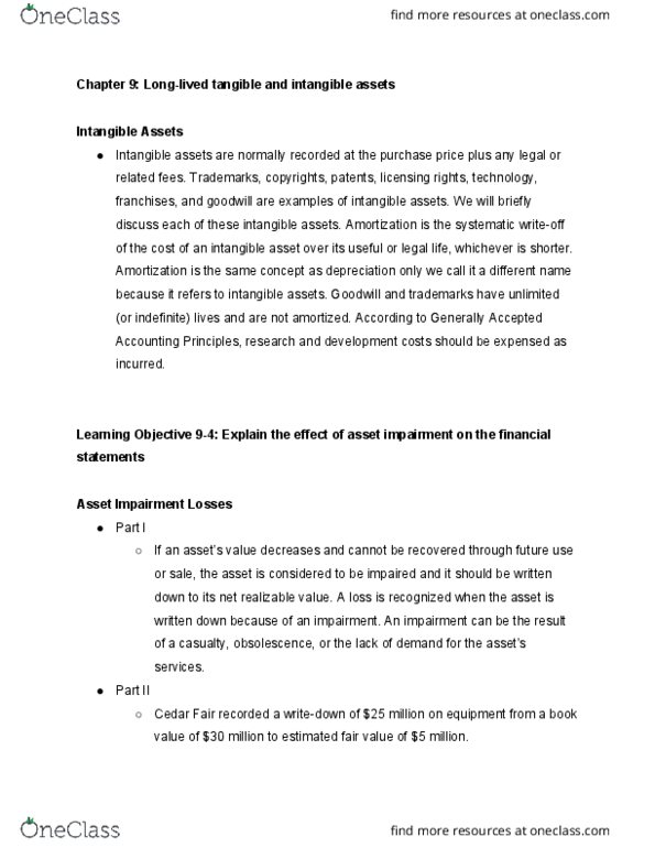 ACCT 2001 Lecture Notes - Lecture 22: Intangible Asset, Cedar Fair, Financial Statement cover image