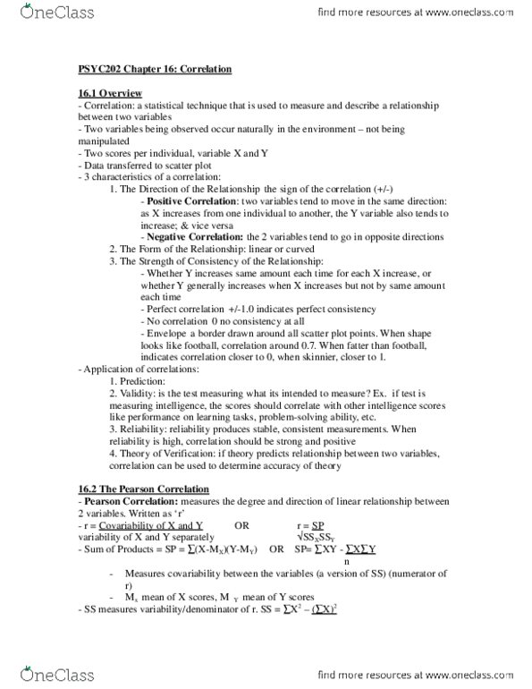 PSYC 202 Chapter Notes - Chapter 16: Pearson Product-Moment Correlation Coefficient thumbnail