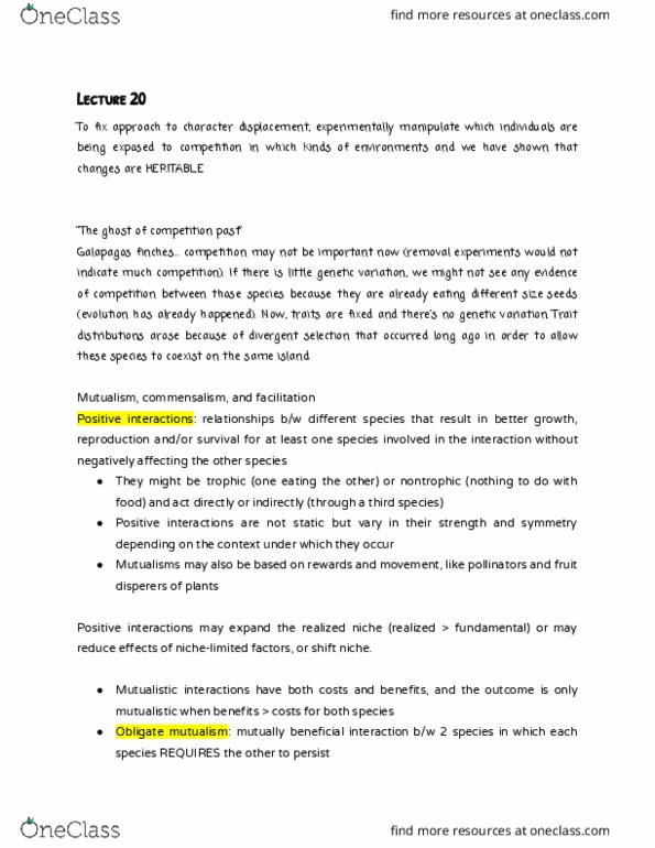 BIS 2B Lecture Notes - Lecture 20: Commensalism, Conditionality cover image