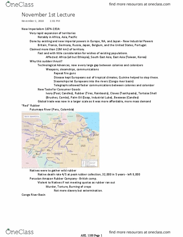 AHL 1100 Lecture Notes - Lecture 14: Putumayo River, Peruvian Amazon, Congo River thumbnail