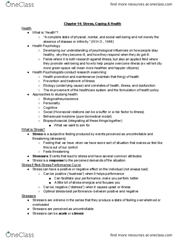 PSYC 1002 Lecture Notes - Lecture 14: Health Promotion, Eustress, Etiology thumbnail