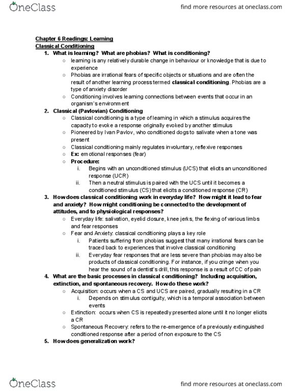 PSYC 1001 Chapter Notes - Chapter 6: Classical Conditioning, Anxiety Disorder, Eyelid thumbnail