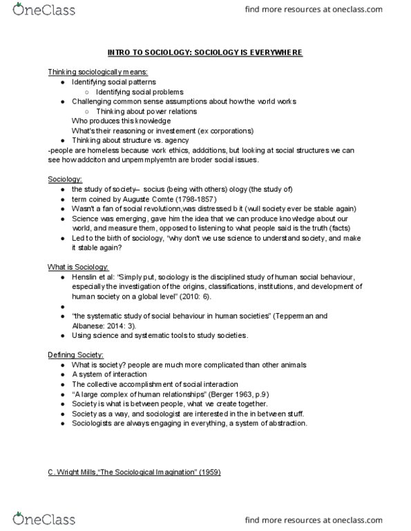 SOCI 1001 Lecture Notes - Lecture 1: The Sociological Imagination, Auguste Comte, Berlin Wall thumbnail