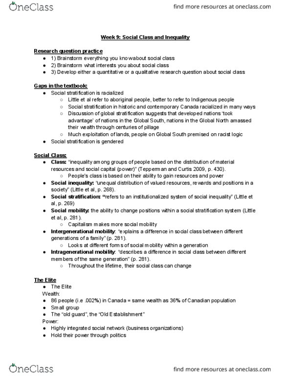 SOCI 1001 Lecture Notes - Lecture 9: Social Inequality, Social Stratification, Social Class thumbnail