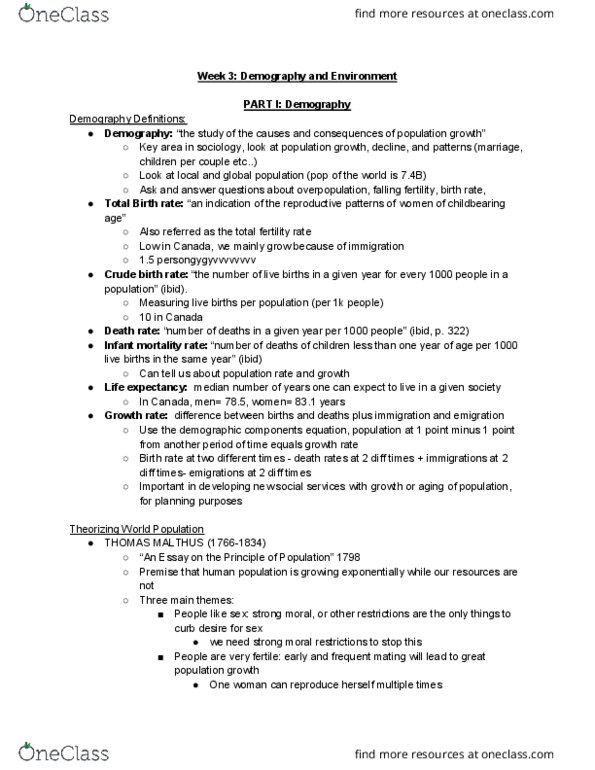 SOCI 1001 Chapter Notes - Chapter 3: Total Fertility Rate, Thomas Robert Malthus, Planned Obsolescence thumbnail